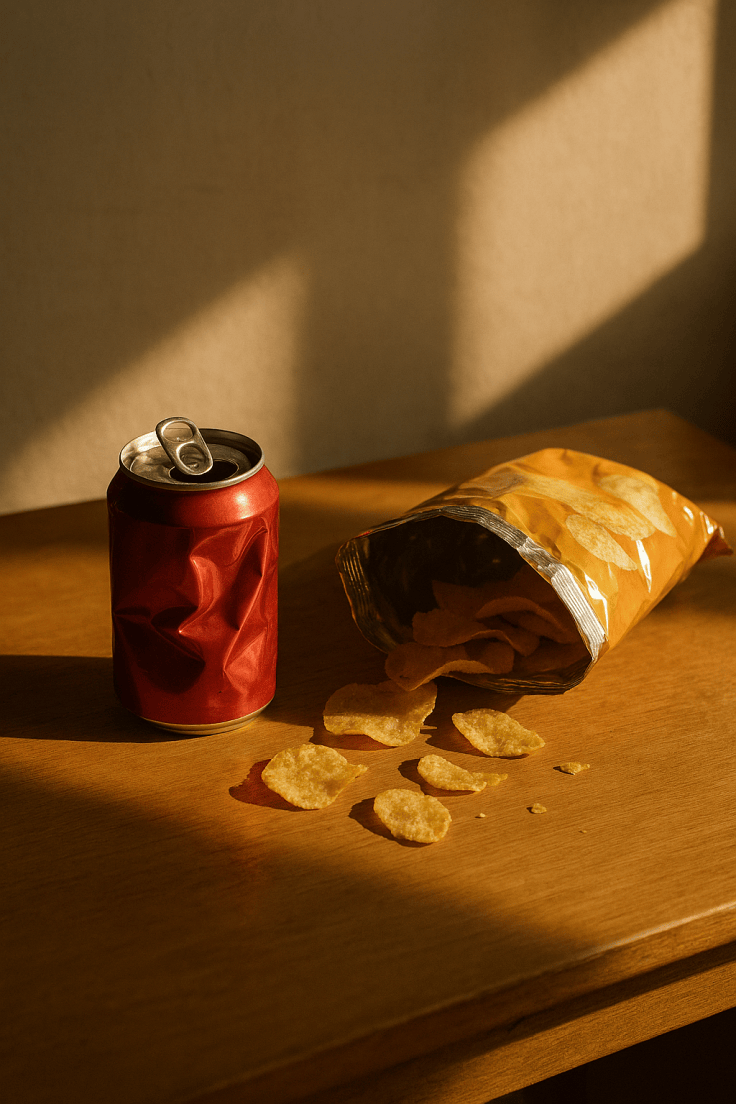 Una soda enlatada y bolsa de&nbsp;papitas